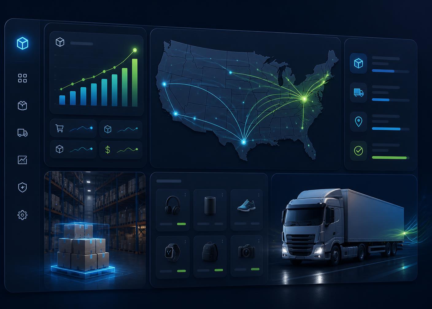 Graphix Sphere BD warehouse dashboard showing US shipping routes, live order analytics, and same-day fulfillment
